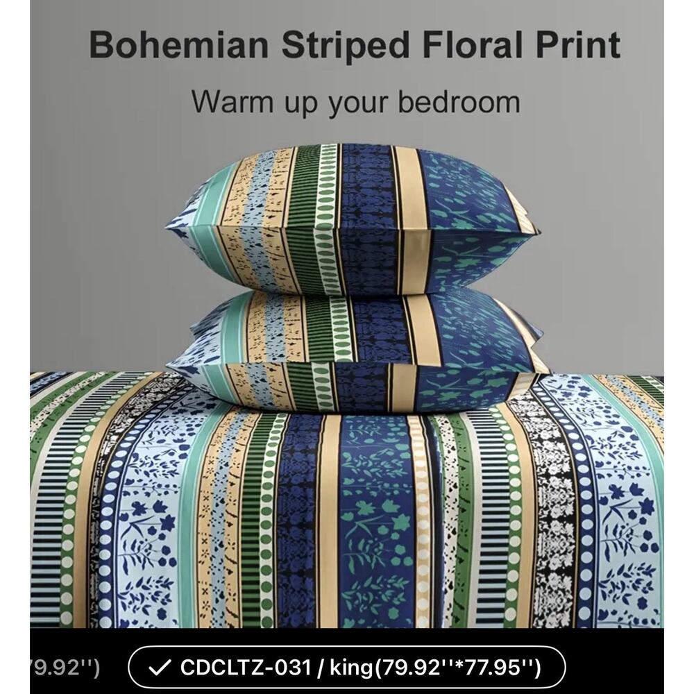 Bohemian Striped Floral Sheet Set King Size Soft Microfiber 4 Piece Bed Sheets